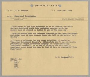 [Letter from Isaac Herbert Kempner Jr., to Isaac Herbert Kempner, June 2, 1953]