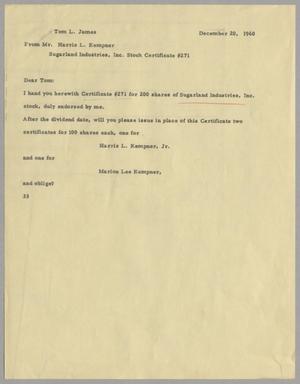 [Letter from Harris Leon Kempner to Thomas Leroy James, December 20, 1960]