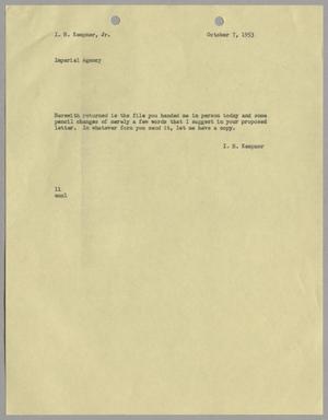 [Letter from Isaac Herbert Kempner to Isaac Herbert Kempner Jr., October 7, 1953]