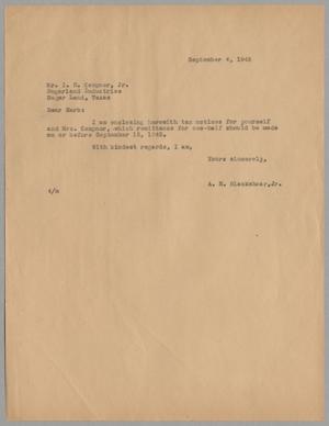 [Letter from A. H. Blackshear Jr. to Isaac Herbert Kempner Jr., September 4, 1945]