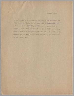 Primary view of object titled '[Letter regarding H. Kempner, Banker, December 23, 1932]'.