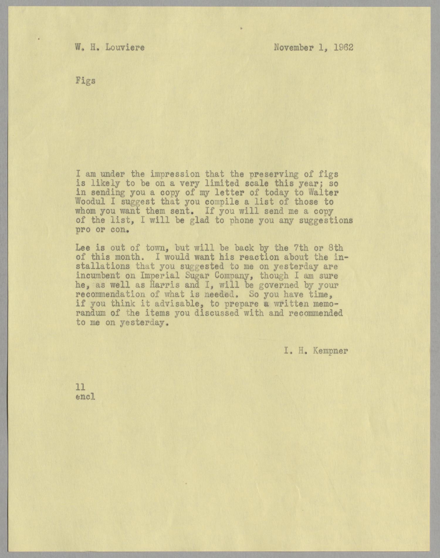 [Letter from Isaac Herbert Kempner to William H. Louviere, November 1, 1962]
                                                
                                                    [Sequence #]: 1 of 2
                                                