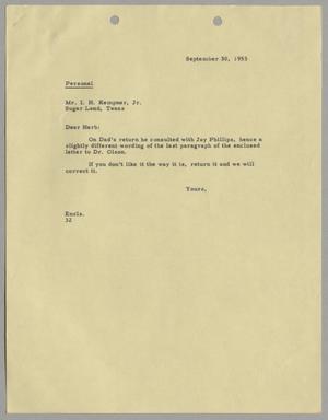 [Letter from Harris Leon Kempner to Isaac Herbert Kempner Jr., September 30, 1953]