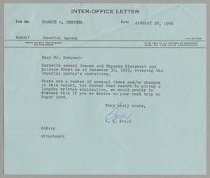 [Letter from Gus A. Stirl to Harris Leon Kempner, January 28, 1960]