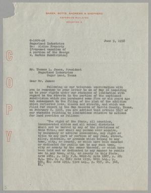 [Letter from Baker, Botts, Andrews & Shepherd to Thomas Leroy James, June 9, 1958]