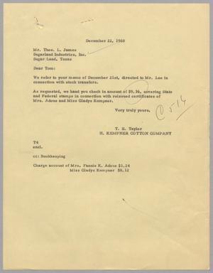[Letter from T. E. Taylor to Thomas Leroy James discussing, December 22, 1960]