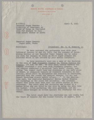 [Letter from Baker, Botts, Andrew & Parish to Imperial Sugar Company, April 8, 1953]
