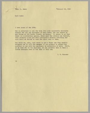 [Letter from Isaac Herbert Kempner to Thomas Leroy James, February 18, 1960]