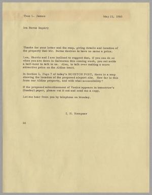 [Letter from Isaac Herbert Kempner to Thomas Leroy James, May 21, 1960]