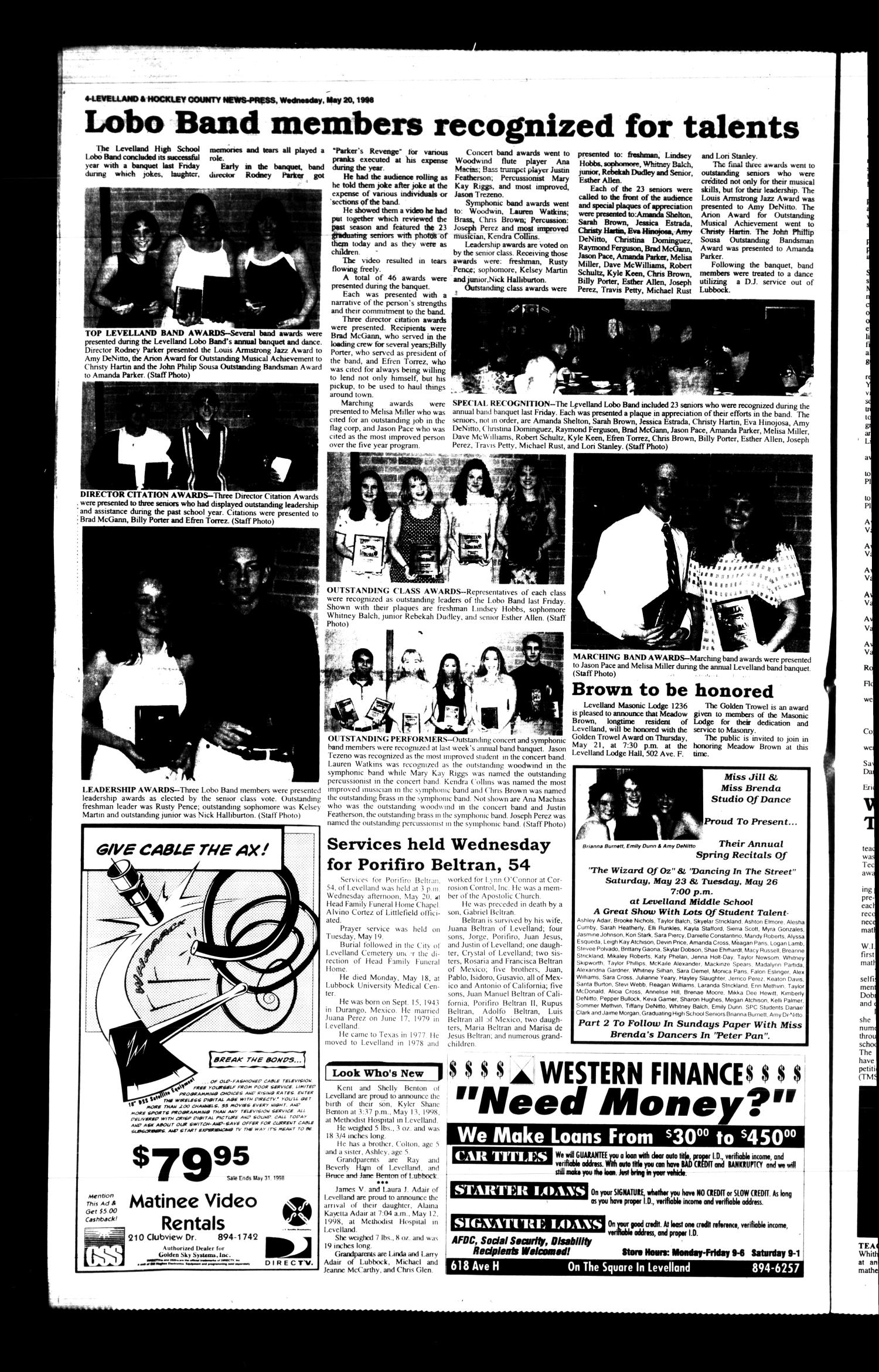 Levelland and Hockley County News-Press (Levelland, Tex.), Vol. 20, No. 15, Ed. 1 Wednesday, May 20, 1998
                                                
                                                    [Sequence #]: 4 of 35
                                                