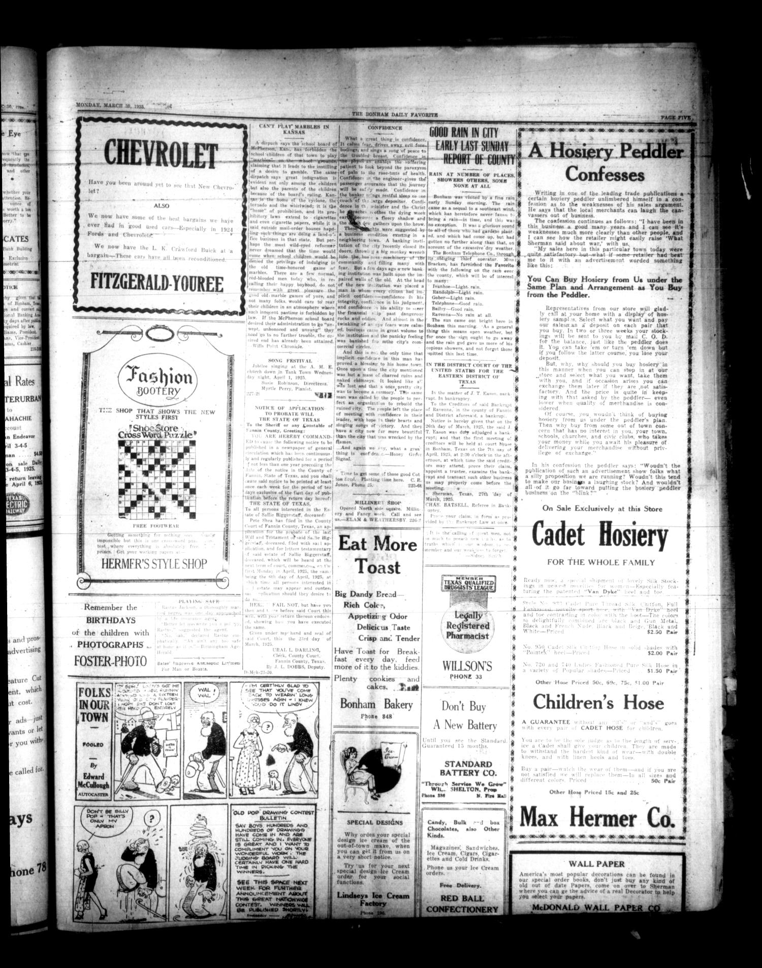 The Bonham Daily Favorite (Bonham, Tex.), Vol. 27, No. 227, Ed. 1 Monday, March 30, 1925
                                                
                                                    [Sequence #]: 5 of 6
                                                