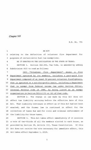 Primary view of object titled '86th Texas Legislature, Regular Session, House Bill 791, Chapter 165'.