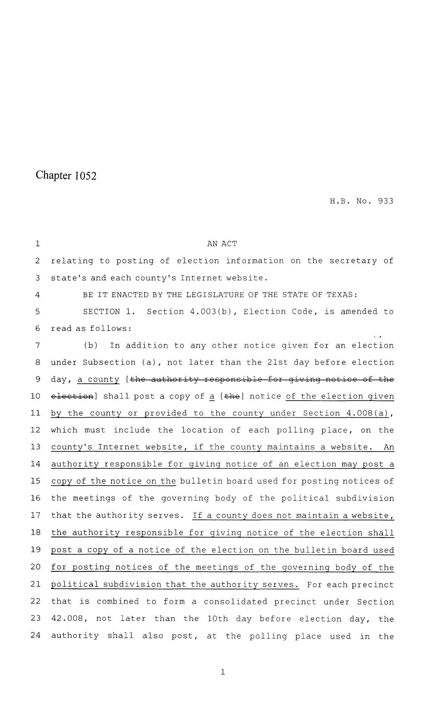 86th Texas Legislature, Regular Session, House Bill 933, Chapter 1052
                                                
                                                    [Sequence #]: 1 of 10
                                                