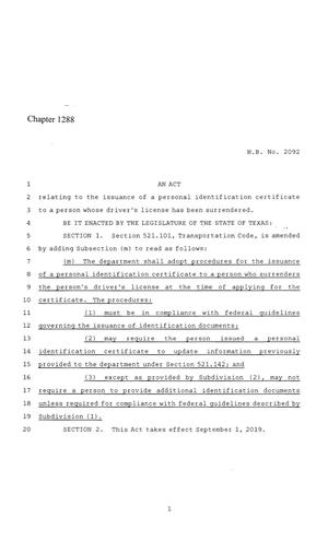 86th Texas Legislature, Regular Session, House Bill 2092, Chapter 1288