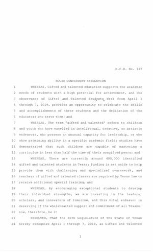 86th Texas Legislature, Regular Session, House Concurrent Resolution 127