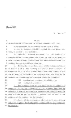 86th Texas Legislature, Regular Session, House Bill 4752, Chapter 1015