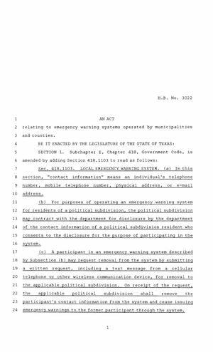 86th Texas Legislature, Regular Session, House Bill 3022