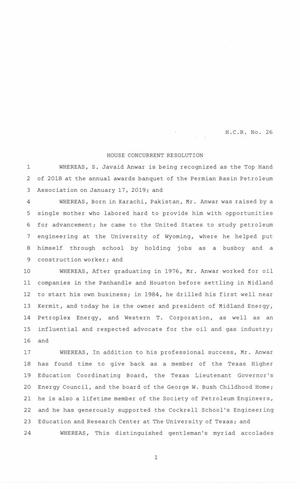 86th Texas Legislature, Regular Session, House Concurrent Resolution 26