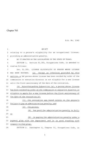 86th Texas Legislature, Regular Session, House Bill 1342, Chapter 765