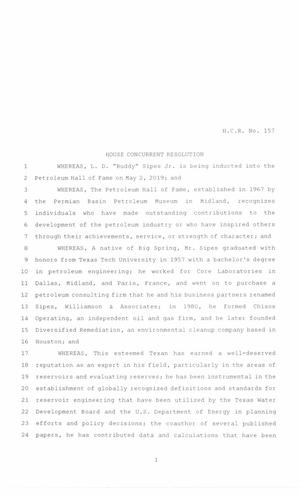 86th Texas Legislature, Regular Session, House Concurrent Resolution 157