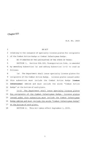 86th Texas Legislature, Regular Session, House Bill 2643, Chapter 835