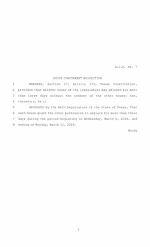 86th Texas Legislature, Regular Session, House Concurrent Resolution 7