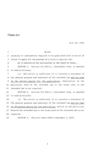 86th Texas Legislature, Regular Session, House Bill 2365, Chapter 815