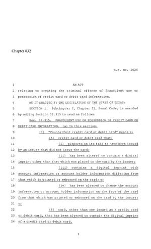 86th Texas Legislature, Regular Session, House Bill 2625, Chapter 832