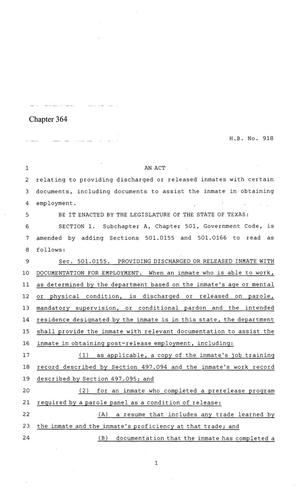 86th Texas Legislature, Regular Session, House Bill 918, Chapter 364