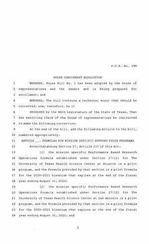 86th Texas Legislature, Regular Session, House Concurrent Resolution 190