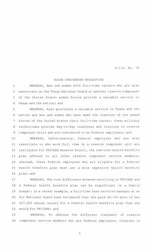 86th Texas Legislature, Regular Session, House Concurrent Resolution 74