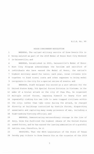 86th Texas Legislature, Regular Session, House Concurrent Resolution 99