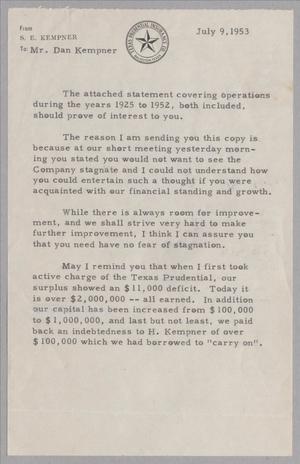 [Letter from S. E. Kempner to Dan Kempner, July 9, 1953]