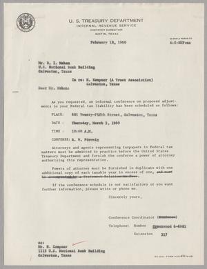 [Letter to R. I. Mehan, February 18, 1960]