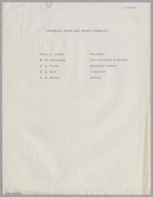 [Imperial Bank and Trust Company List of Executives, February 18, 1954]