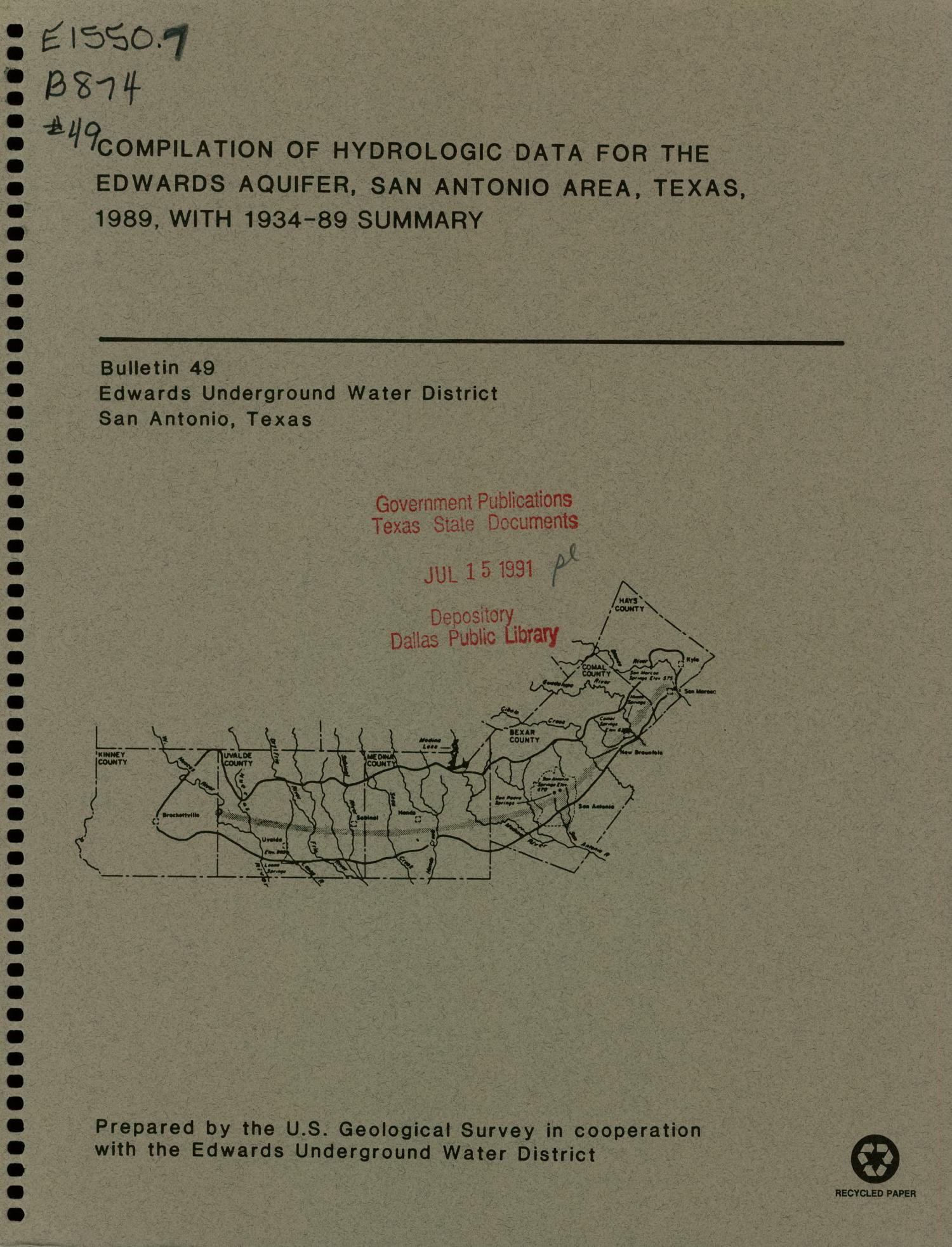 Compilation of Hydrologic Data for the Edwards Aquifer, San Antonio, Texas: 1989, with 1934-89 Summary
                                                
                                                    FRONT COVER
                                                