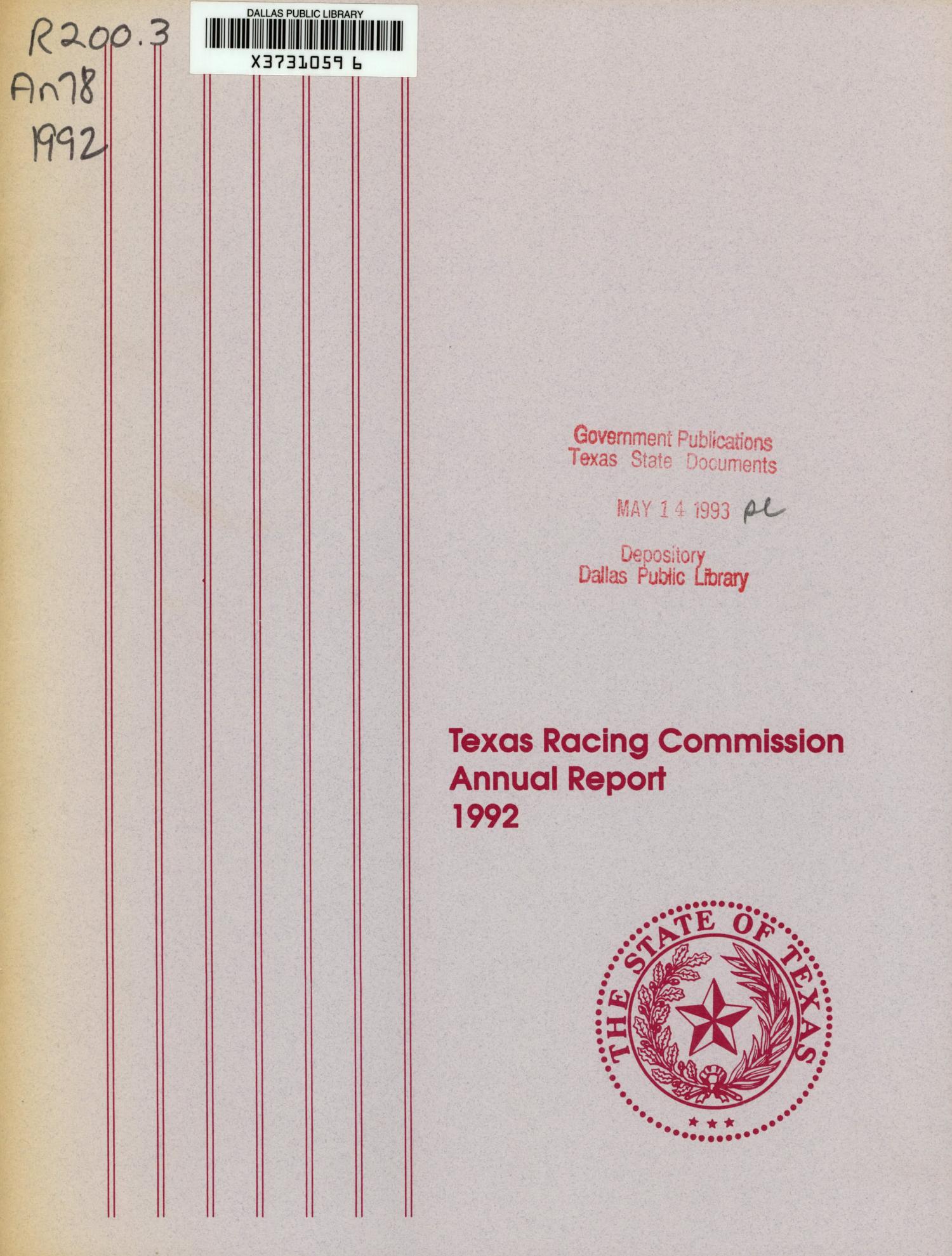 Texas Racing Commission Annual Report: 1992
                                                
                                                    FRONT COVER
                                                