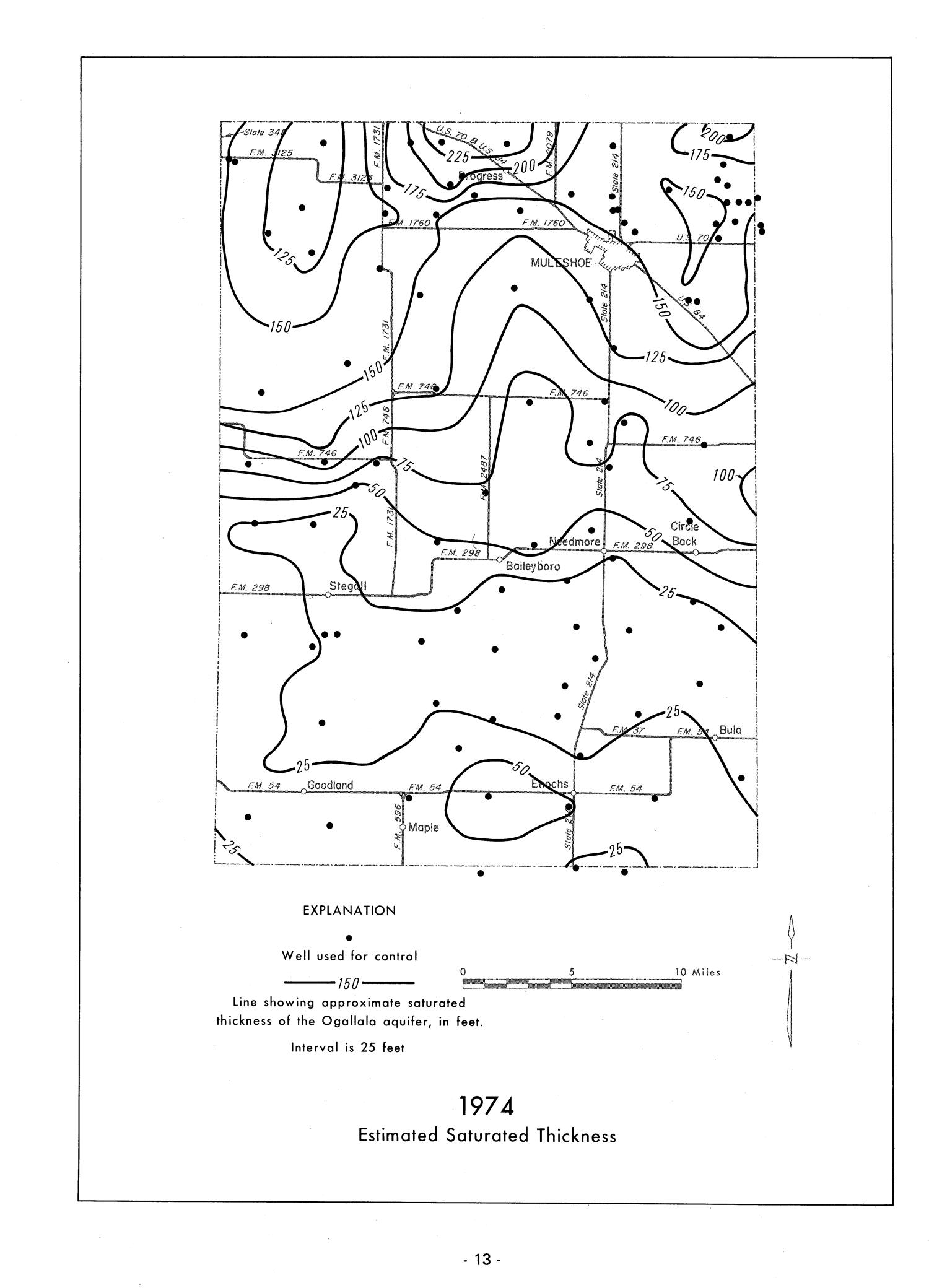 Analytical Study of the Ogallala Aquifer in Bailey County, Texas: Projections of Saturated Thickness, Volume of Water in Storage, Pumpage Rates, Pumping Lifts, and Well Yields
                                                
                                                    13
                                                