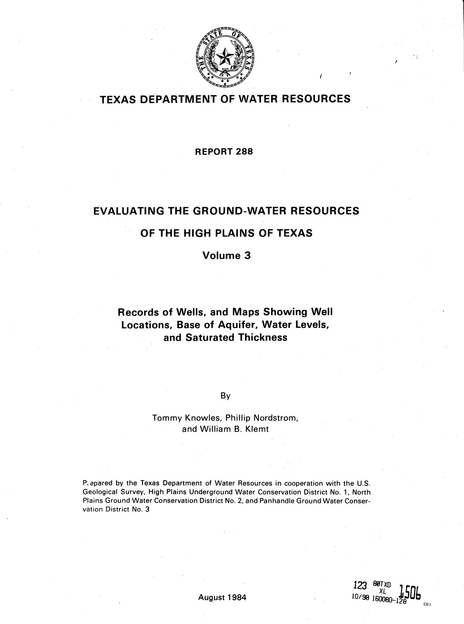 Evaluating the Ground-Water Resources of the High Plains of Texas: Volume 3
                                                
                                                    TITLE PAGE
                                                