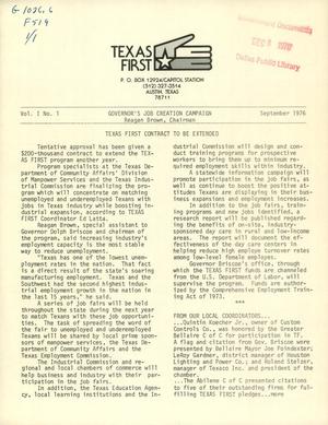 Primary view of object titled 'Texas First, Volume 1, Number 1, September 1976'.
