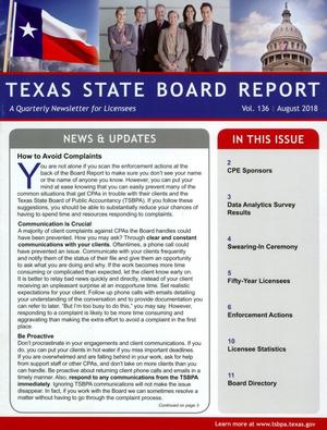 Texas State Board Report, Volume 136, August 2018