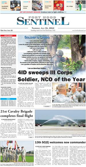 Primary view of object titled 'Fort Hood Sentinel (Fort Hood, Tex.), Vol. 72, No. 30, Ed. 1 Thursday, July 31, 2014'.