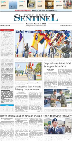 Primary view of object titled 'Fort Hood Sentinel (Fort Hood, Tex.), Vol. 73, No. 31, Ed. 1 Thursday, August 6, 2015'.