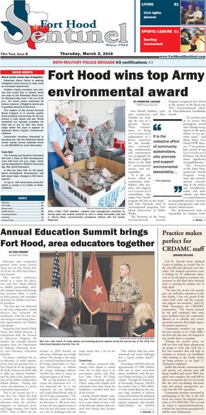 Primary view of object titled 'Fort Hood Sentinel (Fort Hood, Tex.), Vol. 74, No. 8, Ed. 1 Thursday, March 3, 2016'.