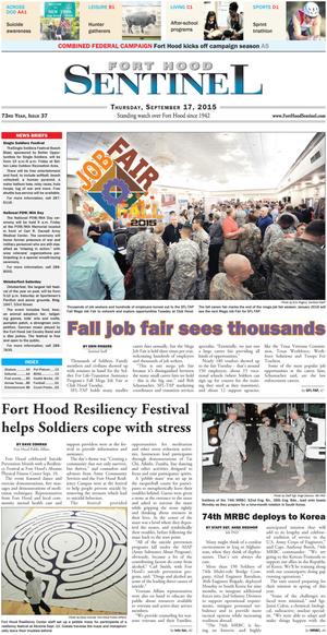 Primary view of object titled 'Fort Hood Sentinel (Fort Hood, Tex.), Vol. 73, No. 37, Ed. 1 Thursday, September 17, 2015'.