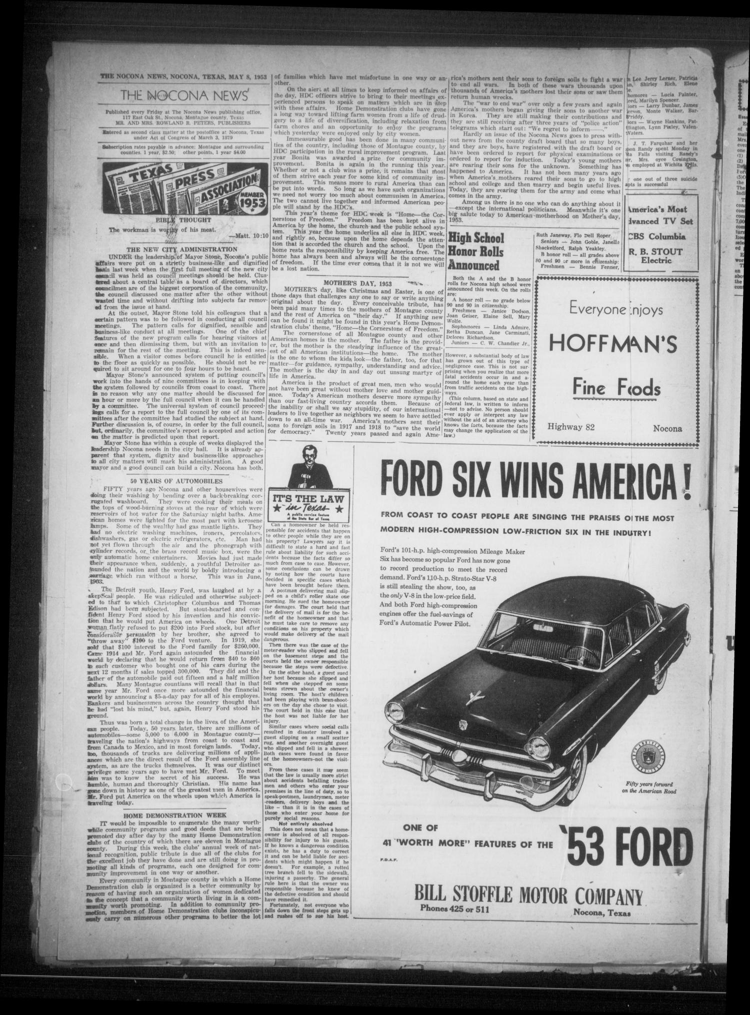 The Nocona News (Nocona, Tex.), Vol. 47, No. 48, Ed. 1 Friday, May 8, 1953
                                                
                                                    [Sequence #]: 2 of 10
                                                