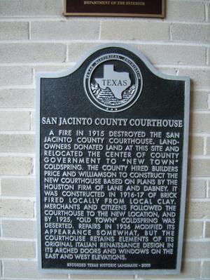 Primary view of object titled '[Plaque at San Jacinto County Courthouse]'.