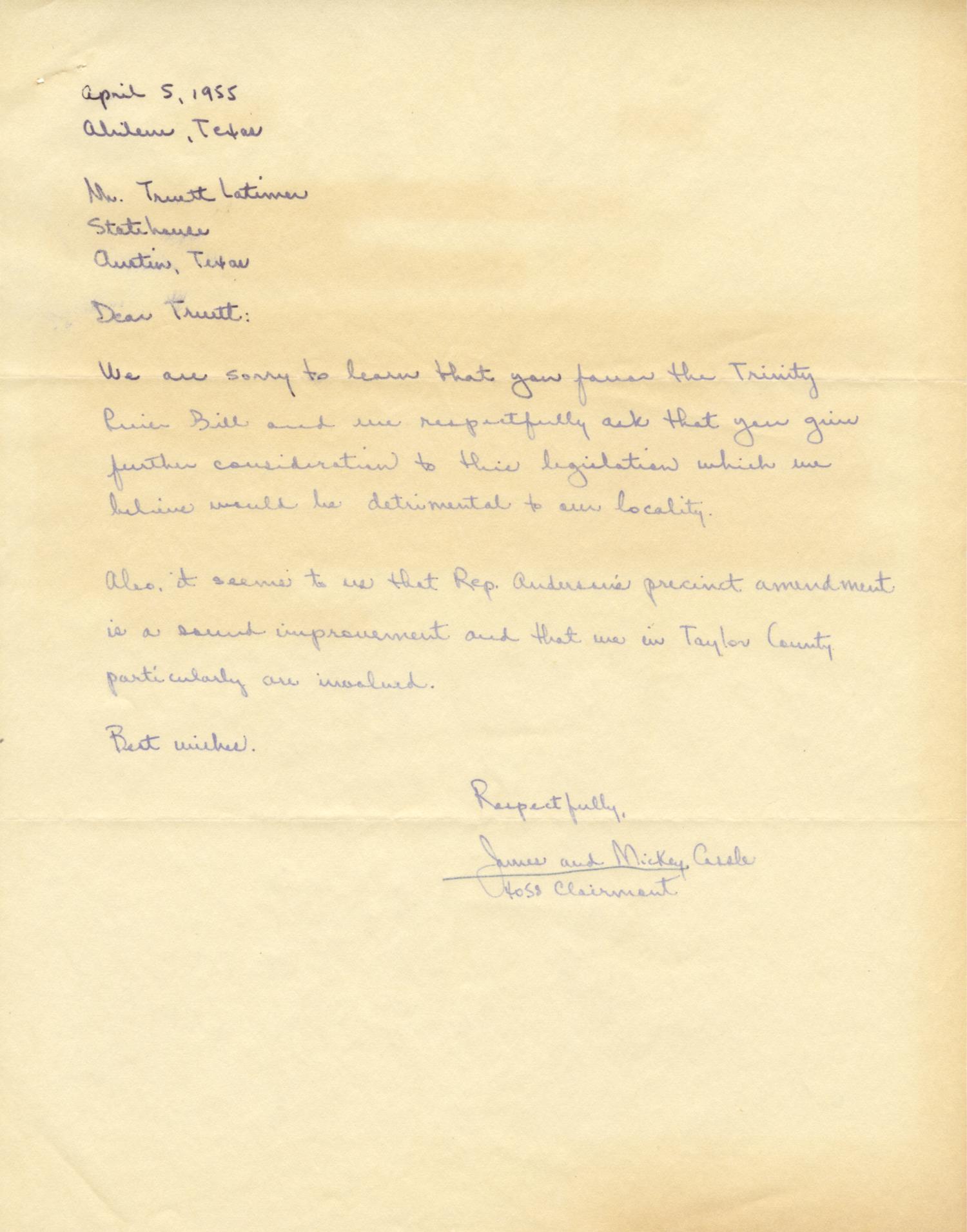 [Letter from James and Mickey Cassle to Truett Latimer, April 5, 1955]
                                                
                                                    [Sequence #]: 1 of 1
                                                
