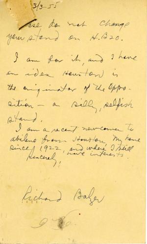 Primary view of object titled '[Letter from Richard Balzer to Truett Latimer, March 3, 1955]'.