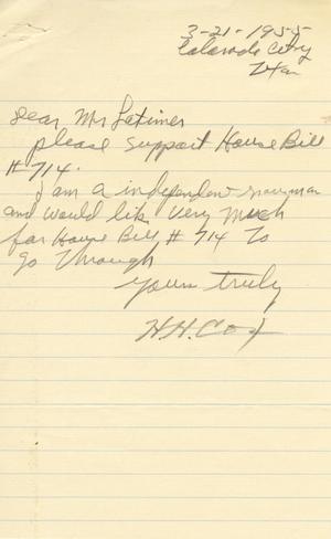 [Letter from H. H. Cox to Truett Latimer, March 21, 1955]
